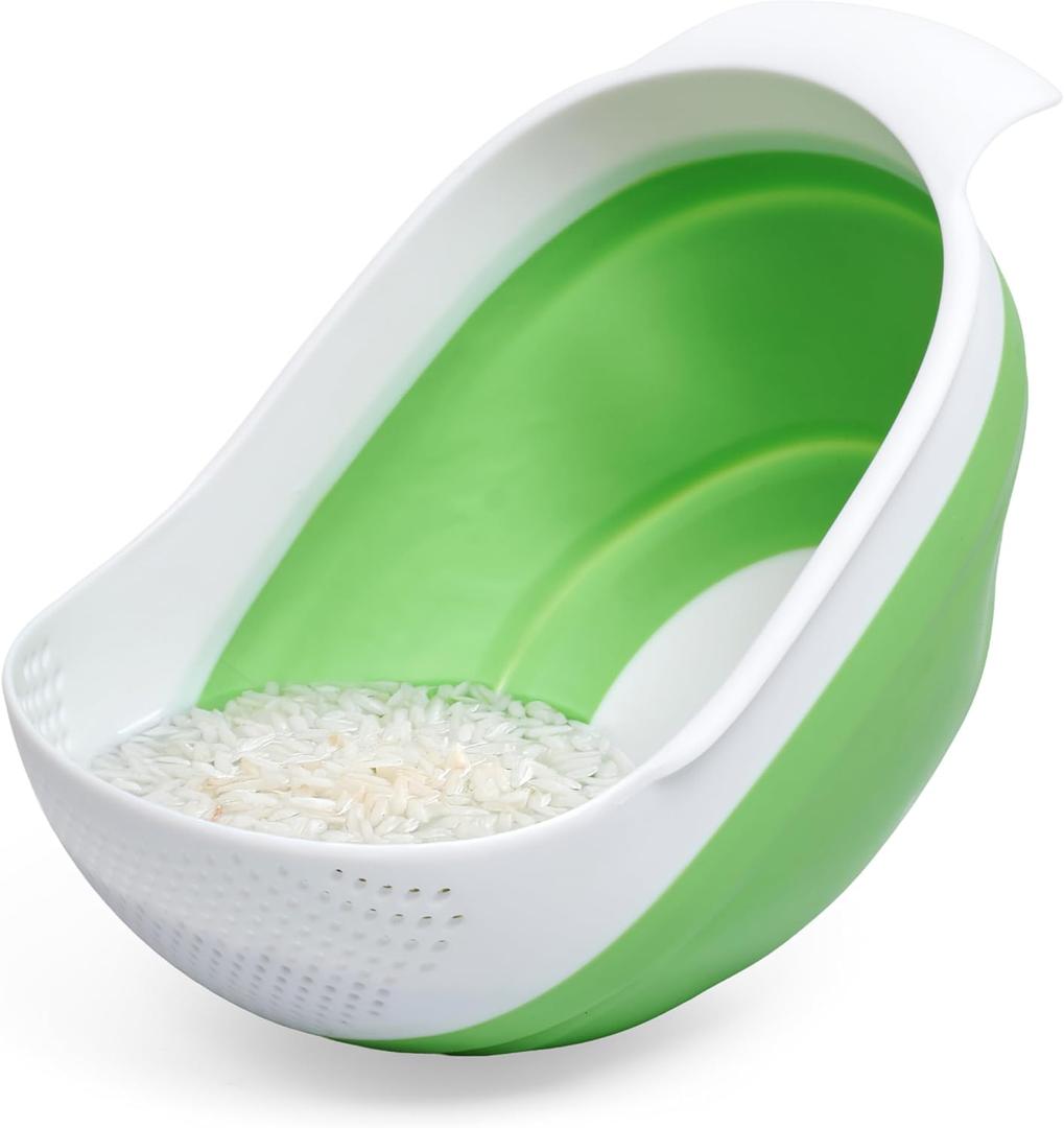 Kitchen Gizmo Collapsible Rice Strainer - Silicone Rice Washer Strainer Bowl - BPA Free - Space Saving Design - Lightweight and Easy to Clean - 9.1 x 7.1in High - Green/Grey