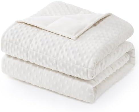 Wemore Minky Dot Weighted Blanket for Adults Twin Size 15 lbs, Soft Heavy Blanket for Stress Relief and Sleep Promotion, Breathable Blanket for All-Season with Glass Beads, White 48 x 72 inches
