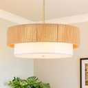 24'' Farmhouse Rattan Chandeliers for Dining Room,3-Light Boho Light Fixtures Rattan Pendant Light Fixture with Fabric Shade Drum Chandeliers for Bedroom Dining Room Foyer Kitchen Hallway