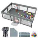 Foldable Baby Playpen with Mat - 74"X50" Large Play Yard for Babies and Toddlers - Indoor & Outdoor Portable Playpen with Storage Bag & 30 Ocean Ball - Baby Fence with Visible Mesh & Zipper Door, Grey