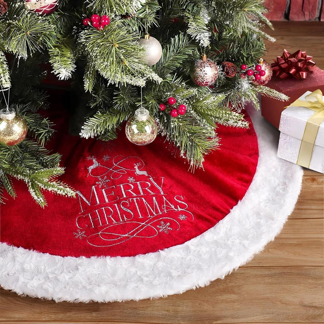 Christmas Tree Skirt, 48 32 Inches, Red Velvet with Deer Merry Christmas Embroidery, for Xmas Holiday Decorations Christmas Decor (32 inches) (Burgundy)