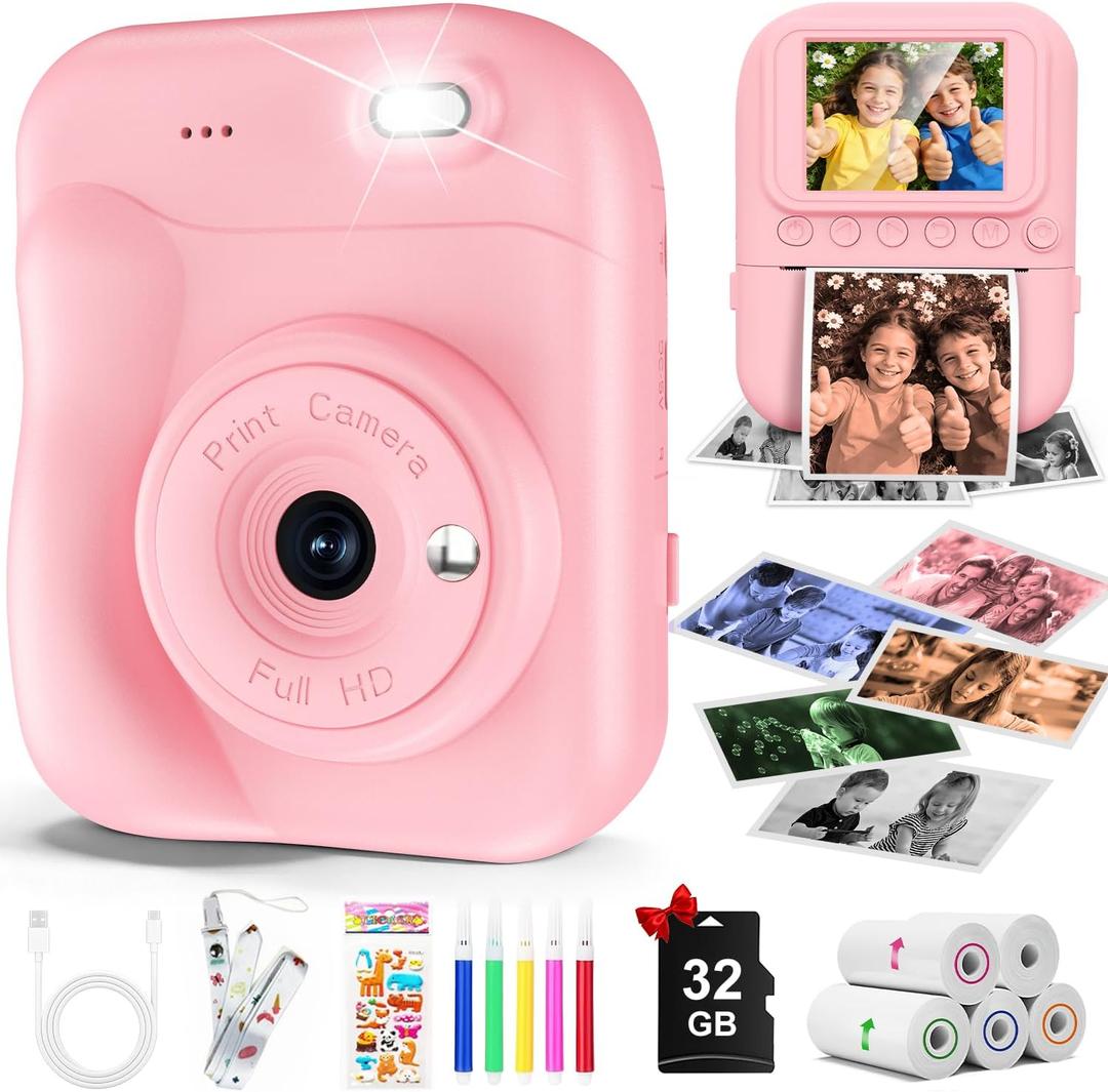 Kids Camera Instant Print Camera for Kids, Toddler Camera Toys for 3 4 5 6 7 8 Year Old Girls Christmas Birthday Gifts, Kids Digital Camera Instant Print Color Photos 5 Rolls Paper 32GB Card, Pink