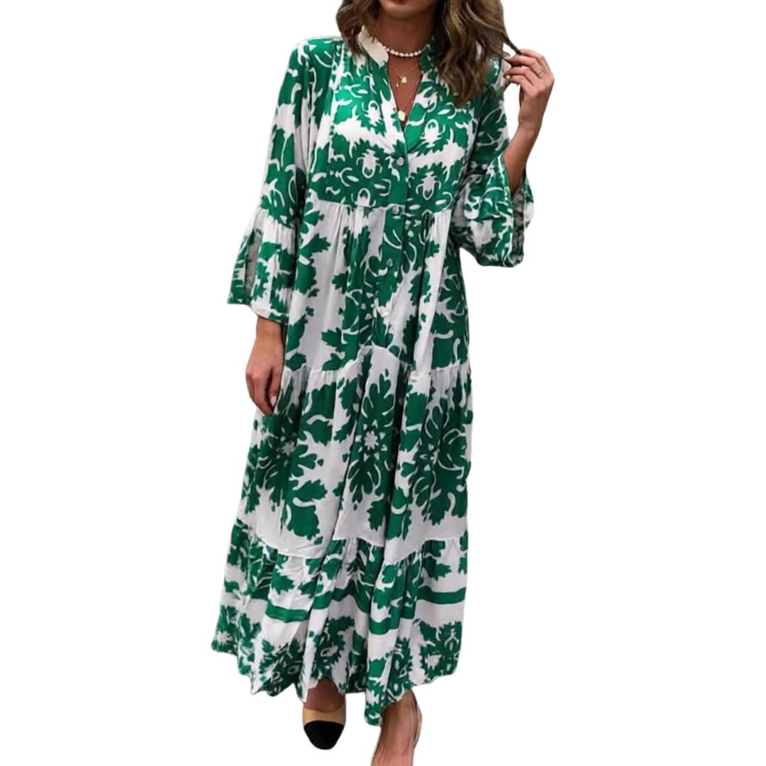 evepes Summer Maxi Dresses for Women Boho Ruffle 3/4 Sleeve V Neck Flowy Long Dress Tiered Casual Beach Dress with Pockets Green (Green, S)