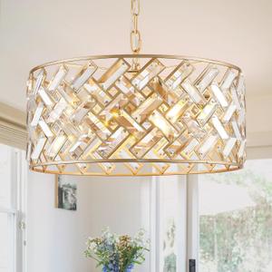 Gold Crystal Chandelier Modern 18" Round Semi Flush Mount Ceiling Light for Dining Living Room Bedroom & Foyer - Large Round Pendant Fixture