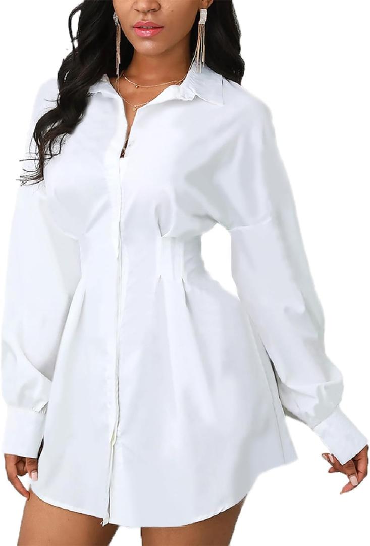 Women's Shirt Dresses Button Down Colorful Blouses Long Sleeve Floral Print Tops Loose Collar Sexy T-Shirts (Large)