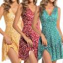 3 Pack Summer Dresses for Women 2025 Sleeveless Sexy Wrap V Neck Floral Sundress Tank Dress (Yellow/Red/Green, XL)