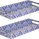 MAONAME Blue Vanity Tray Set of 2, Plastic Decorative Trays with Handles, Small Moroccan Bathroom Trays for Toilet Tank, Dresser Counter, 13.8" X 6" X 1.57"
