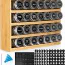 Bamboo Spice Rack Organizer With 28 Spice Jars, 780 Labels, 4 Tier Wood Hanging Shelf, Chalk Marker and Funnel Set for Drawer Cabinet Kitchen Countertop Wall Mount, Empty 4 oz Glass Jar & Shaker Lids