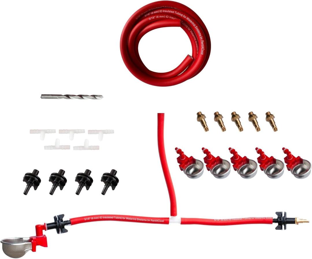 RentACoop DIY Sip Station Watering System Starter Kit; Includes Tubing, Brass Nozzles, Metal Auto-Fill Cups, Tubing Adaptors, T-Connectors, and 11mm Drill Bit; Great for Rabbits, and More, Red