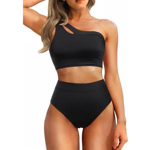 Tempt Me Women One Shoulder High Waisted Bikini Color Block Two Piece Swimsuits Cutout 2 Piece Bathing Suit (Large, Black)
