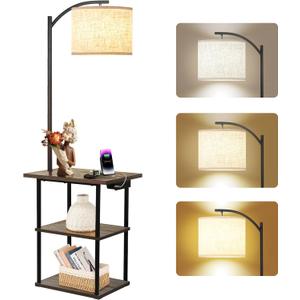 PESRAE Floor Lamp with Table, End Table with Charging Station(USB & Type-C & AC Port), 3 Color Temperatures 9W LED Bulb, Modern Shelves Side Table for Office, Living Room (Vintage Grey)