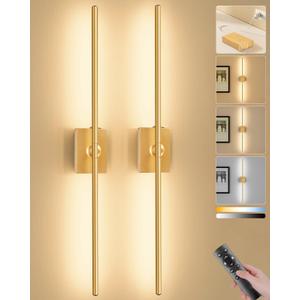 Ouyulong Battery Operated Wall Sconces Set of 2, 10000mAh Wireless Rechargeable 3000-6000K Dimmable 350° Rotate Wall Light with Remote for Living Room, Bedroom 31.6in Gold