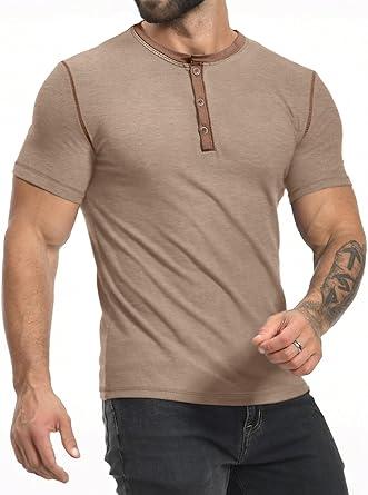PLEPAN Mens Henley Shirts Crewneck Short Sleeve Casual Cotton T-Shirts with Contrast Color Collar, S