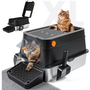 Stainless Steel Litter Box with Lid, Flip-Top for Easy Cleaning, Extra Large Enclosed Metal Litter Box with Kitty Litter Scoop & Mat (Black)