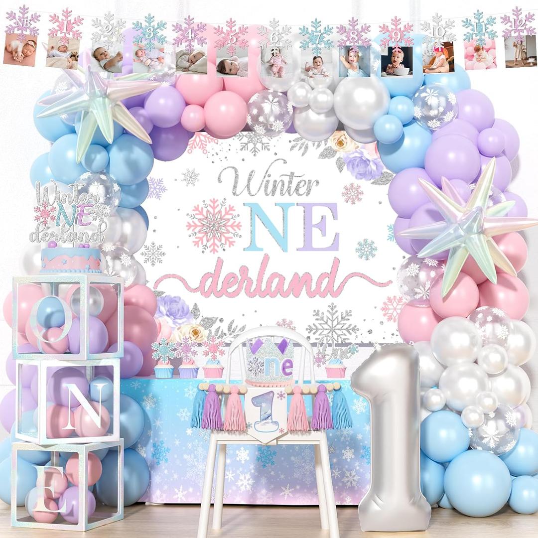 Winter Onederland 1st Birthday Girl  137 Pcs Pink Blue Winter Snowflake Wonderland First Birthday Party Supplies Party Supplies with Backdrop Balloon Garland Boxes Cake Topper Crown Banner