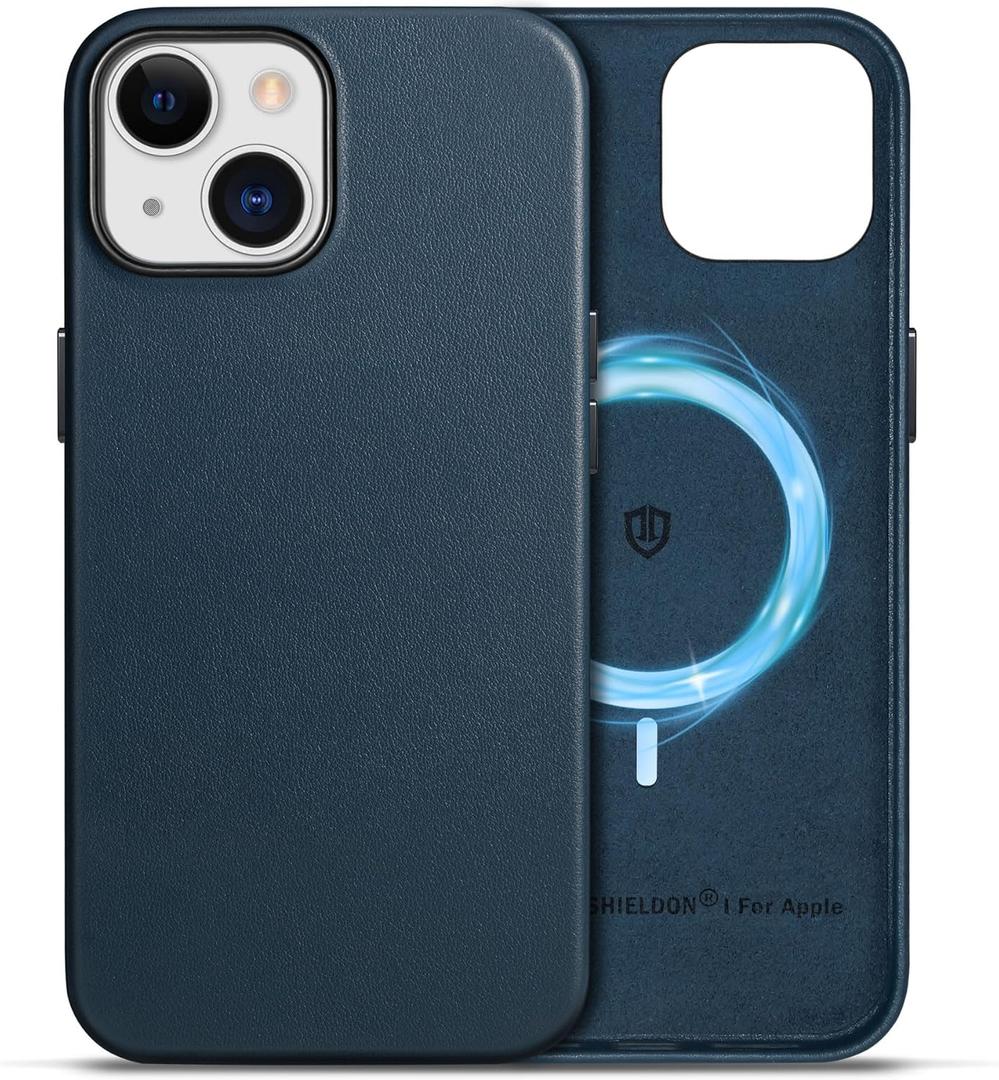SHIELDON Genuine Leather Case for iPhone 15 2023, Magnetic Wireless Charging Slim Non-Slip Anti-Scratch Shock-Absorbent Phone Case Cover with Metal Buttons Compatible with iPhone 15 6.1" - Navy Blue