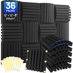36 Pack Curved Acoustic Foam Panels 3" x 12" x 12" Sound Proof Foam Panels Soundproofing Noise Cancelling Wedge Panels for Home Office Recoding Studio with 240 PCS Double-Side Adhesive
