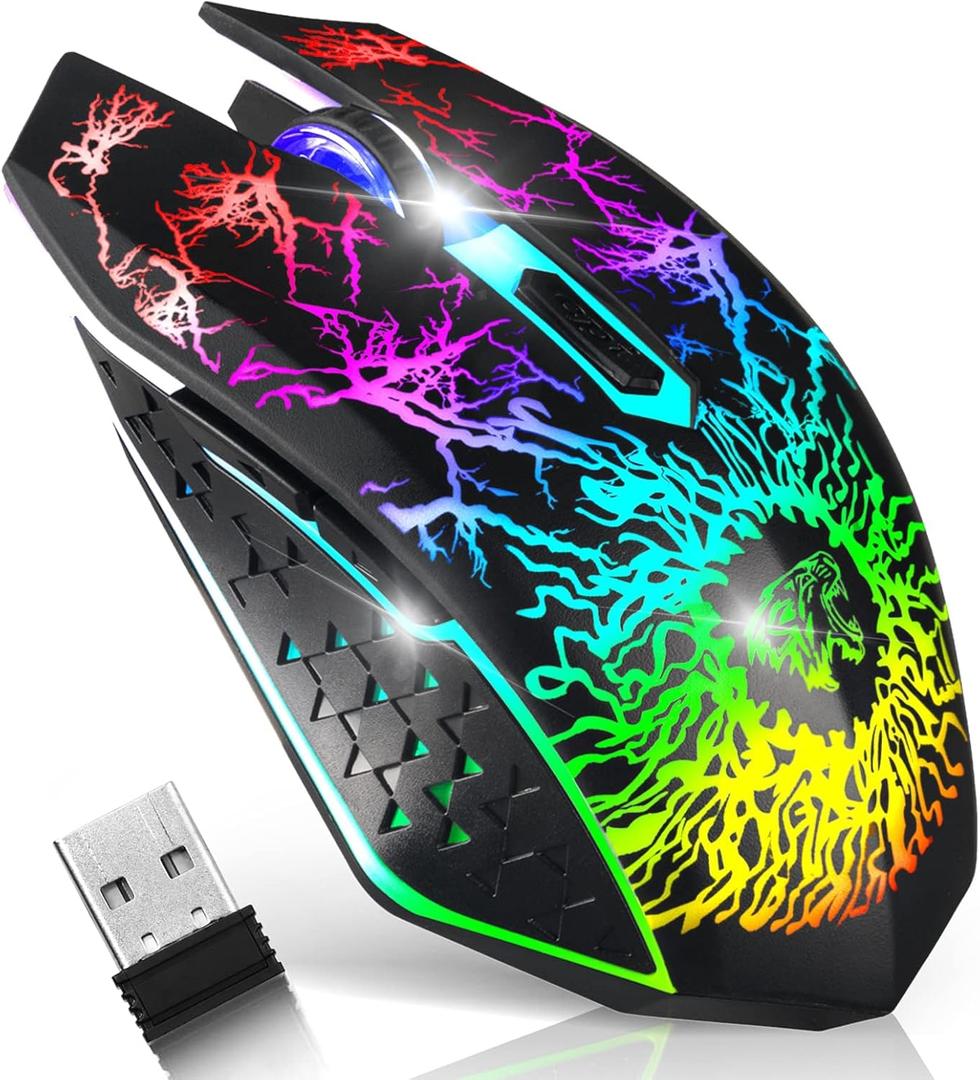 VEGCOO Wireless Gaming Mouse, Rechargeable Gaming Mouse, Silent Optical Mice with 2.4G USB Receiver, 3 Level DPI, 6 Buttons, 7 Colors LED Lights for PC/Mac Gamer, Laptop and Desktop (black)