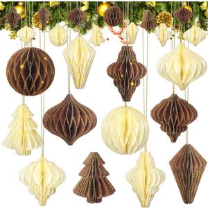 Hungdao 12 Pcs Christmas Hanging Ornaments Paper Honeycomb Balls Hanging Ornament Khaki Pom Poms Decorative 3D Mini Glitter Edge Paper Honeycomb Ornament for Christmas Tree Xmas Home Decor(Brown)