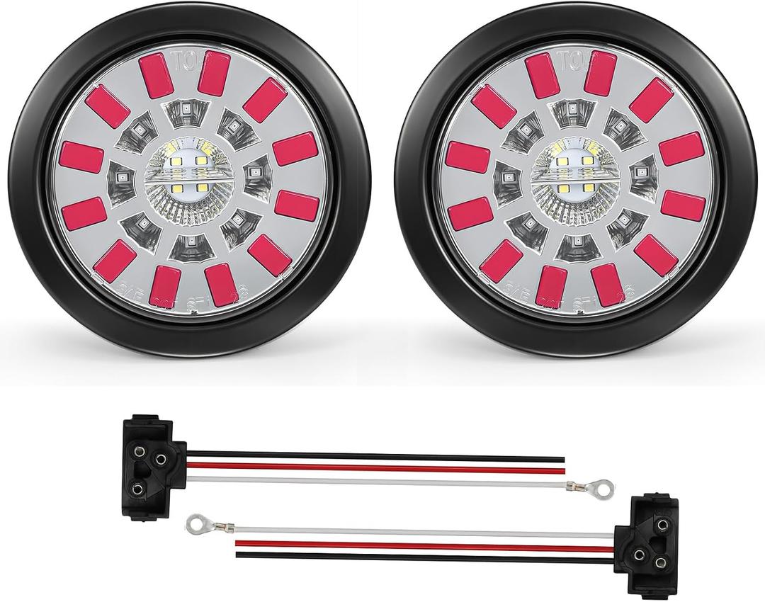 Partsam 2PCS 4 Inch Round LED Trailer Tail Lights 24 LEDs - Stop Turn Tail Brake Reverse Backup Combo Red/White - IP67 Waterproof Flush Mount Grommet Kit 10-30V for Truck RV Trailer, Patent Pending