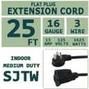 25FT Flat Plug Extension Cord, 16 AWG 3 Prong Grounded Black Low Profile Extension Cable for Indoor, UL Listed