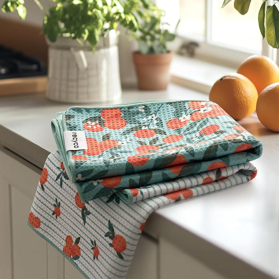 RECYCO Waffle Kitchen Towel Set of 2 - Quick Dry Microfiber Sustainable Dish Towels - Ultra Absorbent Reusable Cleaning Tea Towels - Lightweight Hand Towels,16x 28, Clementine Grove