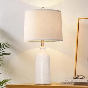 White Ceramic Table Lamp 24.5": 3-Way Dimmable Bedside Lamp with White Drum Slub Shade, Modern Nightstand Lamp for Bedroom & Living Room (Bulb Included), White 