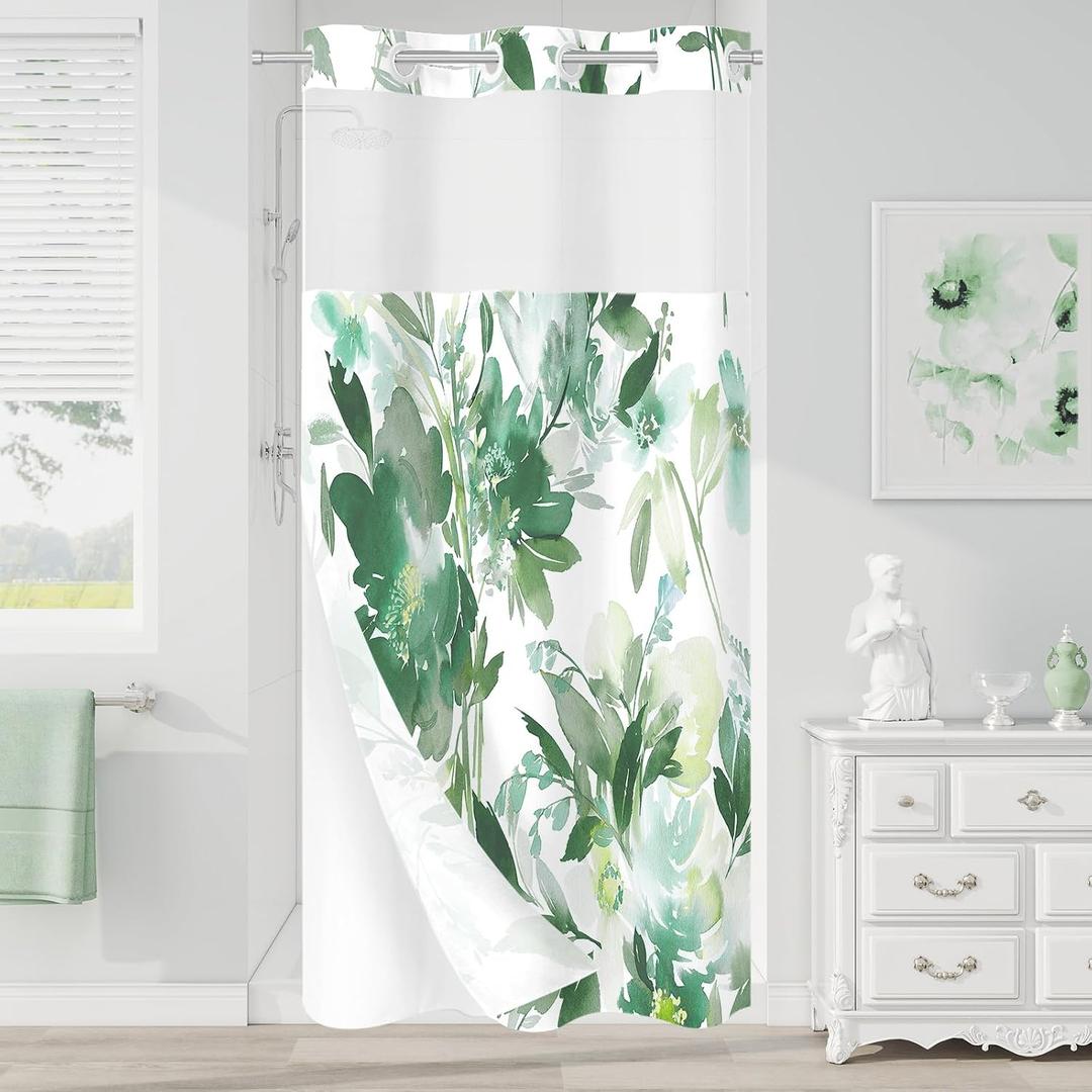 Litabel Small No Hook Sage Watercolor Floral Shower Curtain and Liner Set, Flower Shower Curtains with Snap in Liner for Summer Green Bathroom Decor, Botanical Waterproof Shower Curtain Set,36x74