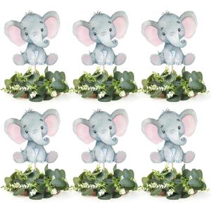 6 Sets Elephant Baby Shower Table Centerpieces with Eucalyptus Wreath Wood Slices Baby Shower Decorations Table Toppers for Boys Girl Pink Elephant Theme Birthday Party Supplies