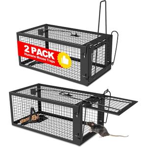 2 Packs Humane Rat Trap Outdoor Mouse Traps Indoor Use, Rodent Chipmunk Traps for Small Live Animal Catch and Release  Black