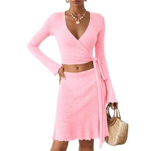 Saodimallsu Women Crochet Bathing Suit Cover Up Sheer Wrap Tie Crop Top Mini Skirt Set Bikini Cover Beachwear Pink