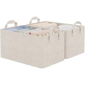 StorageWorks Storage Bins, Fabric Storage Bins for Shelves, Storage Baskets with Metal Frame, Closet Baskets and Bins with Handles, Khaki and Beige Stripes, 2-Pack (14 " L x 10 " W x 8 " H)
