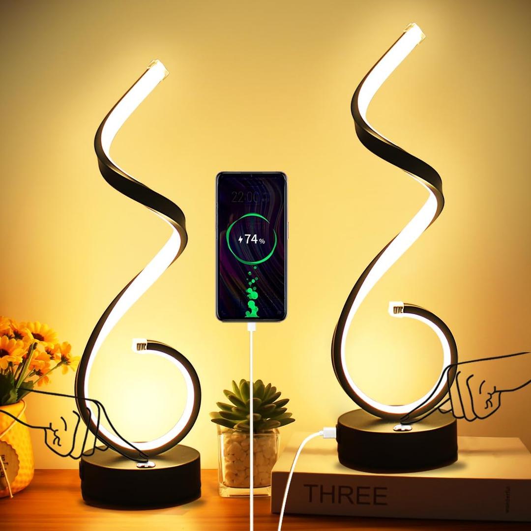 Modern Spiral LED Table Lamp Set of 2, 10W Touch Control Table Lamp with USB Charging Ports, Dimmable 3 Color Modes Bedside Nightstand Desk Lamp Light for Bedroom, Living Room, Office -Black