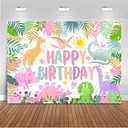 Mocsicka Dinosaur Birthday Backdrop - Cartoon Girl Birthday Background Party Decor - World Banner Theme Party Supplies for Kids, 7x5ft, Multi