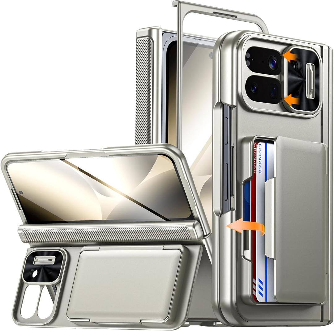 CENMASO for Google Pixel 10 Pro Fold Case with Card Holder [RFID Blocking] Camera Cover, Hinge Protection, Hidden Kickstand, Screen Protector, Shockproof Phone Case for Pixel 10 Pro Fold (Titanium)