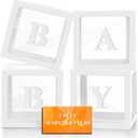 Ledido Baby Boxes with Letters for Baby Shower Decorations, 4 pcs Clear Baby Balloon Boxes Blocks for Baby Shower Decor with Letters for Boy Girl Gender Reveal Decorations Backdrop Party (White)