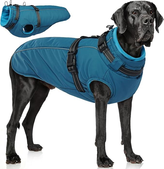 PUMYPOREITY Dog Jackets for Large Dogs, Warm Dog Winter Coat with Harness Built in, Fleece Jacket with Back Zipper, Cold Weather Coats for Outdoor, Waterproof & Windproof Pet Snowsuit, Blue, XL