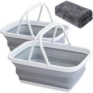 AUTODECO 2 Pack Collapsible Sink with Handle Towel, 2.37 Gal / 9L Foldable Wash Basin for Washing Dishes, Camping, Hiking and Home Gray