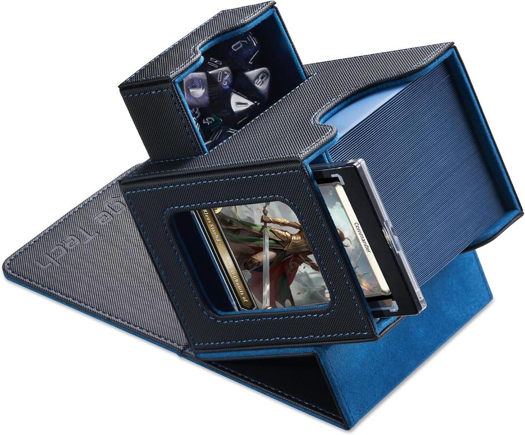Card Deck Box for MTG Commander - Patented Design, Commander Display, Fits 100 Double-Sleeved Cards, 35pt Card Brick & Dice Tray - Black/Blue