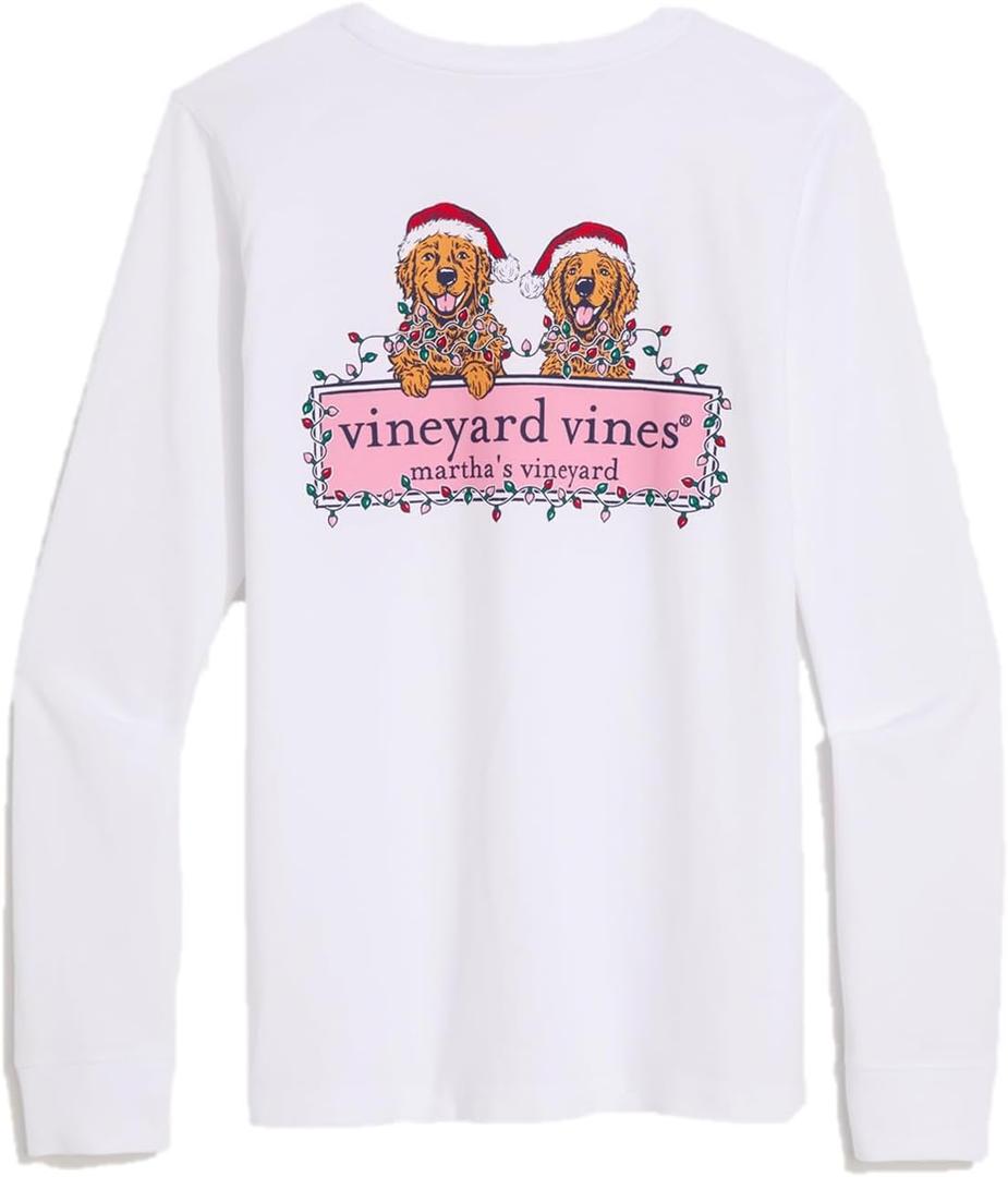 Girls' String Lights Pups Logo Box Long-Sleeve Pocket Tee, White Cap, 7