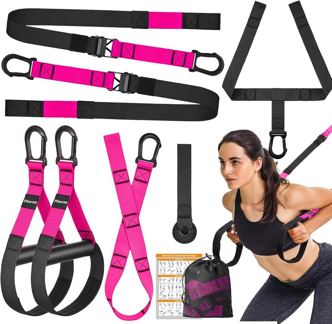 Home Resistance Training Kit, Suspension Trainer Straps with Adjustable Extension, Door Anchor, and Carry Bag  Strength Training Equipment for Full Body Bodyweight Workouts at Home or Outdoors (Pink)