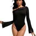 WDIRARA Women's Lace One Shoulder Long Sleeve Bodysuit Dressy Off The Shoulder Leotard Tops (Medium, Black)