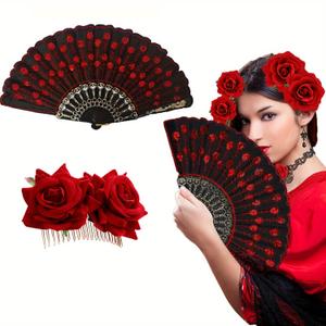 2 Pcs Mexican Rose Hair Clip & Sequined Folding Fan Set - Flamenco Costume Hair Jewelry & Hand Fan for Women