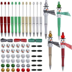 NEWEST 12 Pieces Christmas Beadable Pens Kit Cute Snowman Bead Pens with 48 Beads & 3 Ribbons DIY Pen Making Kit Black Ink Beaded Ballpoint Pens Bulk for Christmas Gifts School Office Supplies
