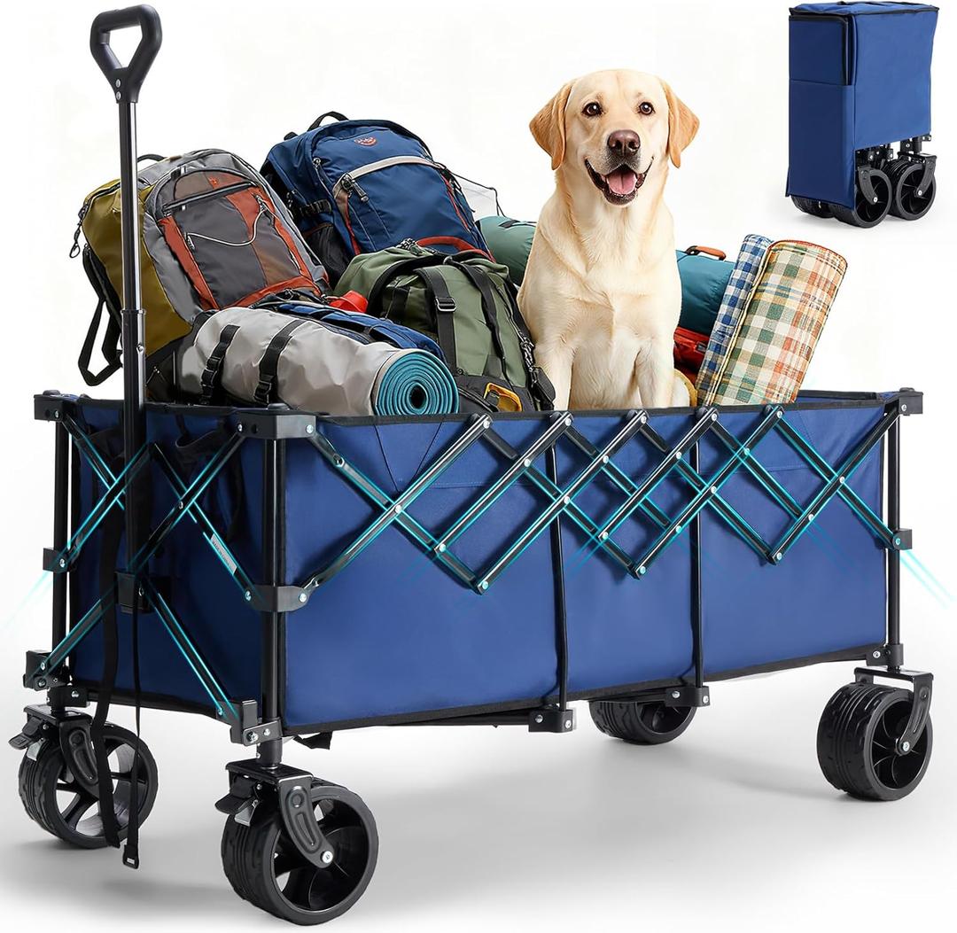 DUMOS 49''L Collapsible Extended Wagon with 440LBS Capacity, Heavy Duty Wagons Garden Cart with All-Terrain Big Wheels & Drink Holders, 250L Foldable Carts for Sports, Shopping, Camping, Blue