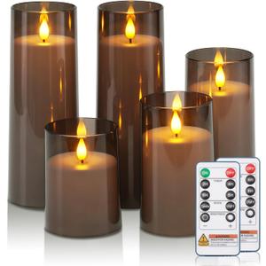 Raycare Flameless Candles Battery Operated with Remote Timer, Acrylic Flickering LED Pillar Candle for Christmas Decoration, Home Decor, Gift for Family and Friend, Grey, Set of 5