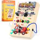 Busy Board for Toddlers 1-3 Montessori Toys - 2 in 1 Wooden Sensory Toys with LED Light Switches & Screwdriver Board - Fire Truck Toddler Learning Toy for 2 3 4 Year Old Boy Girl Car Plane Travel