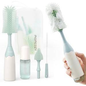 Momcozy Bottle Brush Kit with Push-Press Foam Design - Newborn Essentials Gift, Portable Cleaning Tool for Home & Travel, Baby Bottle Cleaner Brush for Breast Pumps & Nipples, Green (Press Bubble Style)