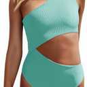 Women's One Piece Ribbed Swimsuit One Shoulder Cutout Swimwear Sexy Bathing Suit (Medium, Mint Green)