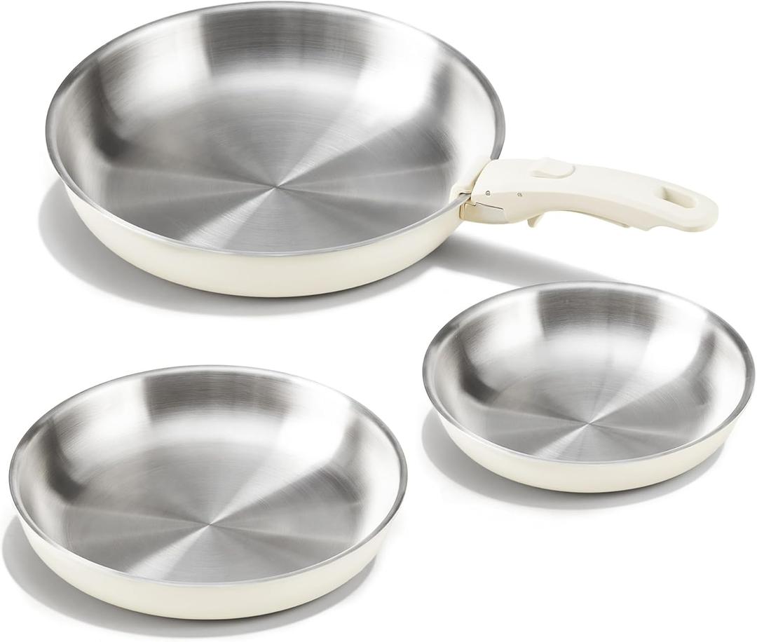 KITEXPERT Stainless Steel Pan Set  8", 10", 12" Tri-Ply Frying Pan Skillet with Removable Handles  PFOA-Free, Cream White Ceramic Exterior, Dishwasher & Oven Safe, Compatible with All Stovetops